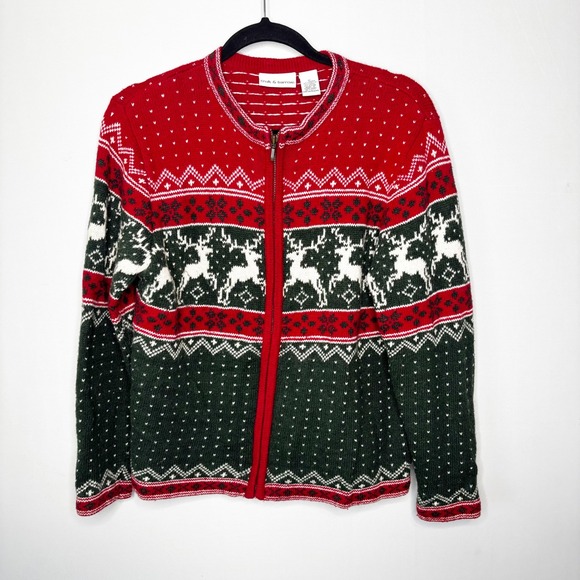 Vintage 90s Wool Fair Isle Cardigan Size S Sweater Holiday Reindeer Zip Up - Picture 8 of 8
